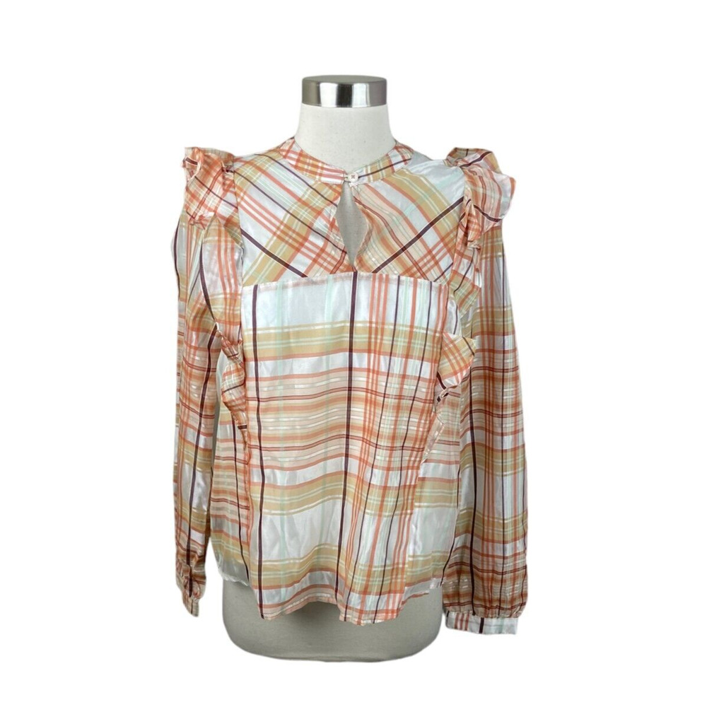 Anthropologie Current Air Orange Plaid Ruffle Peasant Blouse Size Small